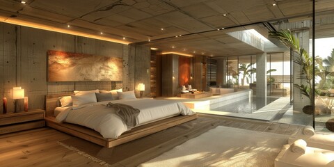 Modern Bedroom with Scenic Indoor Pool