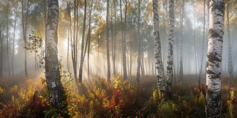 Obraz premium Autumn birch forest, beautiful landscape. Birch tree forest