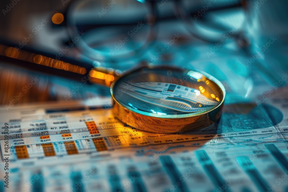Poster Financial data on a screen with a magnifying glass highlighting specific information and graph trends