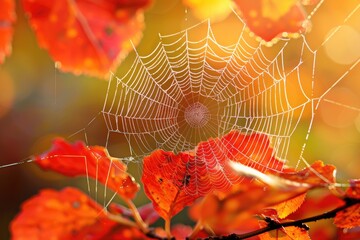 Close-up of a cobweb. The image captures detail of nature during the fall season.
