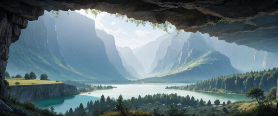 Fantastic landscape. View from the caves. Green alpine valleys. Rocky mountains. Rocks rising into the sky. Mountain river and lake. Dense forest. Bright sunny day. Mountain background in haze.