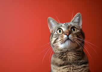 Obraz premium Portrait of a british shorthair cat, gazing attentively upwards, set against a bold red background