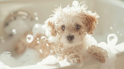 Cute Maltipoo puppy in a bathtub with foam and soap bubbles, capturing the essence of pets grooming and cleaning concept in an adorable scene