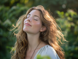 Serene woman with wavy hair enjoying nature, eyes closed in peaceful contemplation, surrounded by lush greenery, capturing a moment of tranquility and natural beauty perfect for lifestyle