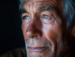 Obraz premium Close-up portrait of an elderly man with expressive eyes, showcasing the depth of his wrinkles and the character in his face, perfect for themes of aging, wisdom, and life experience.