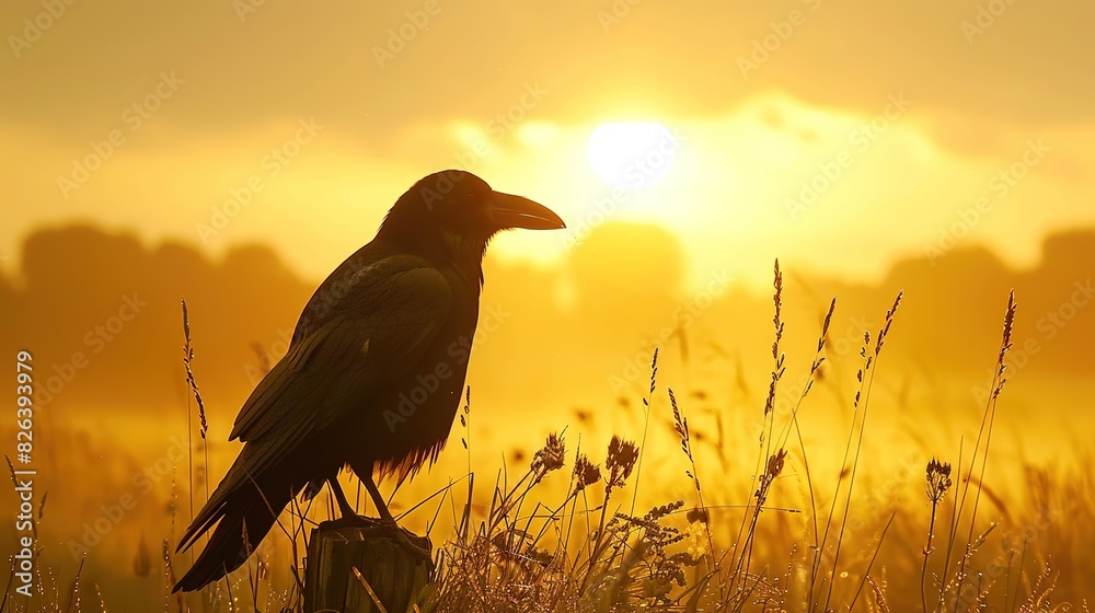 Sticker Black bird raven silhouetted in early morning bright warm dawn golden light