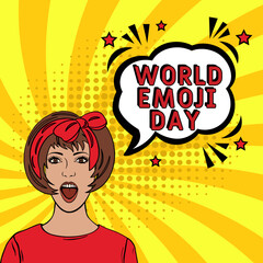World Emoji Day pop art. World Emoji Day in comic pop art style. World Emoji Day message in sound speech bubble in pop art style. Comic book explosion with text World Emoji Day. 