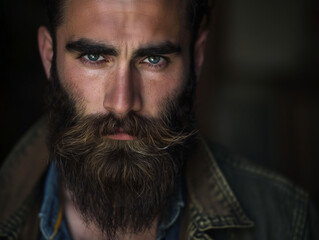 Obraz premium Rugged man with thick beard and piercing blue eyes, showcasing intense masculinity and a powerful gaze, ideal for advertising, fashion, and lifestyle promotions.