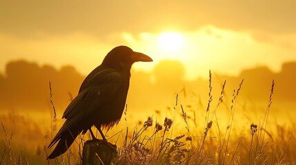 Black bird raven silhouetted in early morning bright warm dawn golden light