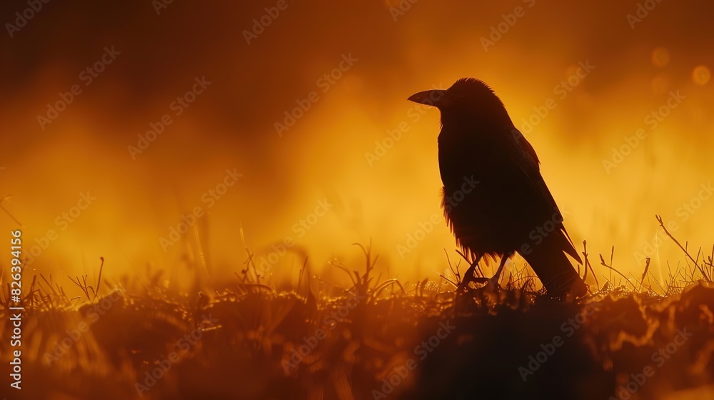 Sticker black bird raven silhouetted in early morning bright warm dawn golden light