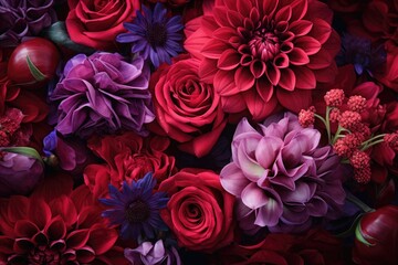 Red and purple flowers such as roses and dahlias