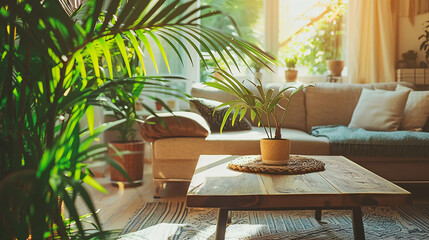 Stylish living room with a green plant, black lamp, and white sofa, wooden floor