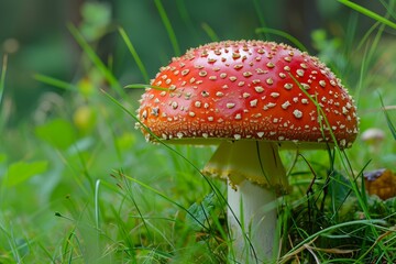 Closeup view of a bright red amanita muscaria mushroom against a green grassy backdrop