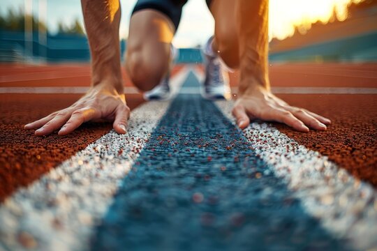 Hands and feet of an athlete on a running track preparing to sprint, capturing the moment of anticipation before a race
