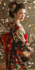 Obraz premium Portrait of a Japanese woman in traditional kimono