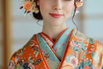 Close Up of a Woman Wearing a Traditional Japanese Kimono with Floral Pattern