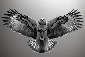 Black and white photo of a hawk with wings spread wide.
