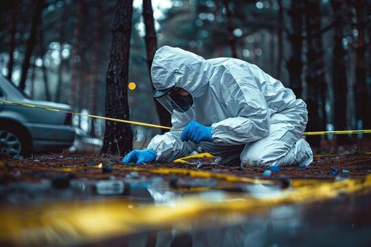 Forensic investigator in protective suit crouched over, examining evidence at a crime scene in a wooded area