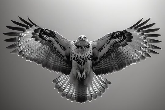 Black and white photo of a hawk with wings spread wide.