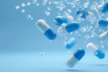 Blue and white capsules and tablets fall amidst bubbles against a serene blue background, symbolizing healthcare
