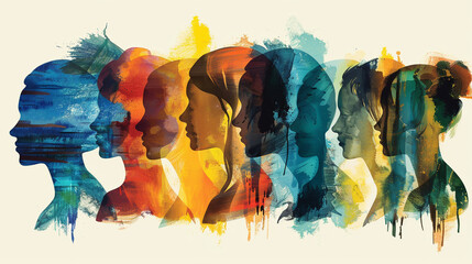 an impressionist-style abstract watercolor painting depicts a diverse group of people united on a colorful rainbow background