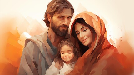 Holy Family Portrait A serene and intimate illustration of Jesus, Mary, and Joseph, capturing the warmth and love of the Holy Family © worawut