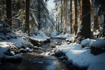 Fototapeta premium A Glistening Stream Peacefully Flows Through a Pristine Snow-Covered Forest, Enchanting us with its Tranquil Beauty