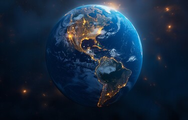 AI generated illustration of a planet with stars in the background and lights on the planet