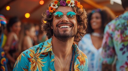 Obraz premium Joyful Hippie Music Festival Celebration. bohemian outfits, flower crowns, and face paint.