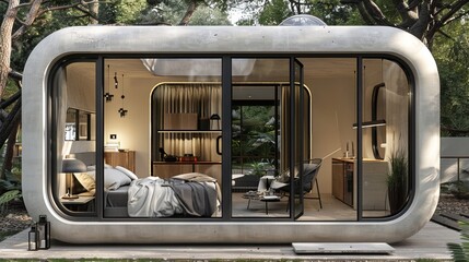 Illustrate a cross-section of a futuristic house featuring modular living spaces that can be rearranged and customized at the touch