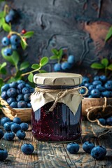 Homemade Blueberry Jam in Glass Jar on Rustic Wooden Table