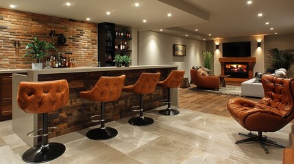 Design a modern basement bar with a sleek counter, stylish stools, and a fully stocked liquor cabinet for entertaining friends
