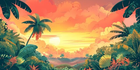 Tropical Rainforest Sunset with Palm Trees