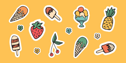 meal. coconut. drink. ice cream. rest. delicious. water. soda. cocktail. vector. sticker. doodle drawing. retro palette. with a white outline.