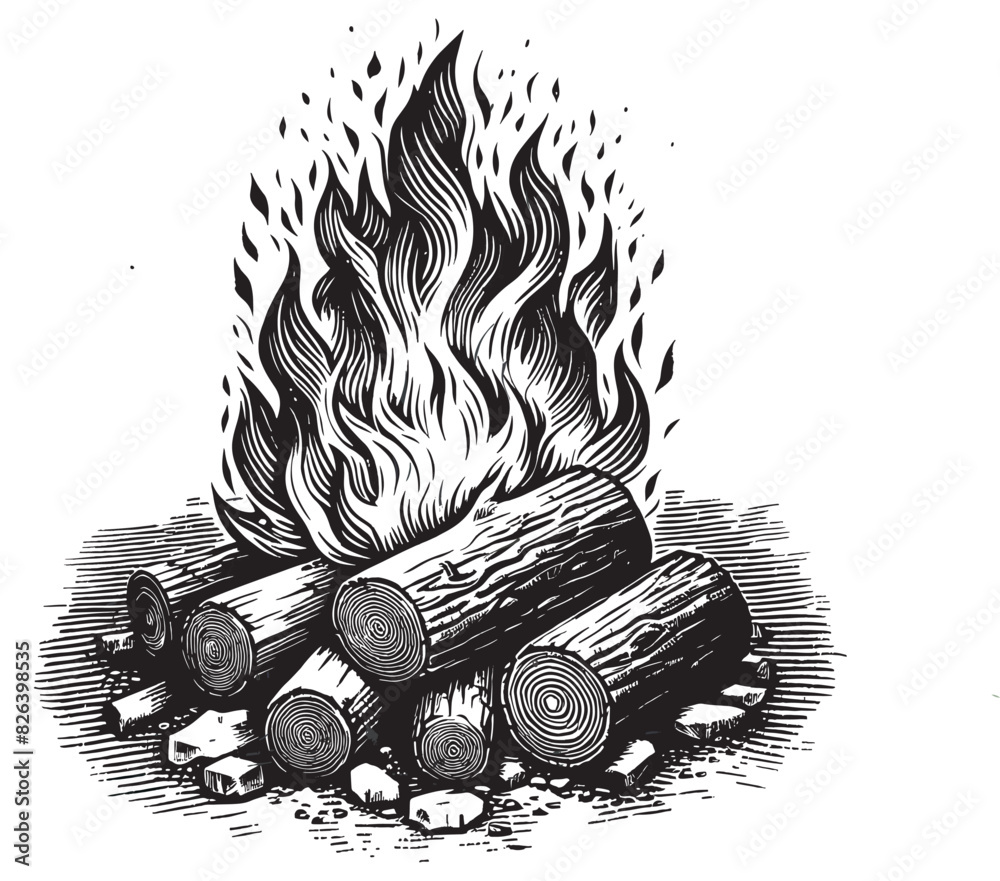 Wall mural campfire engraving black and white outline bonfire clipart drawing vector - Wall murals