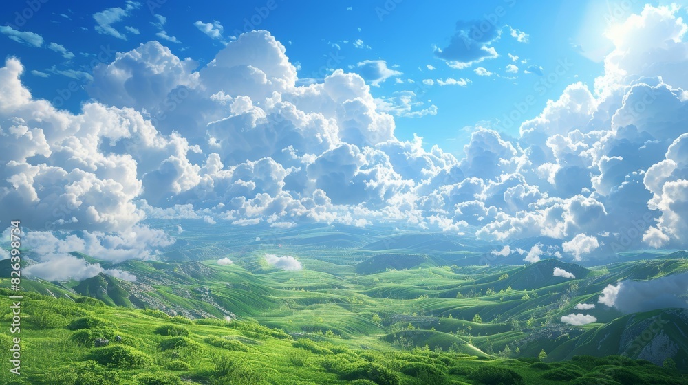 Wall mural Rolling Green Hills Under Blue Sky and Clouds