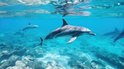A pod of dolphins is captured swimming in the clear blue ocean water, with sunlight filtering through the surface