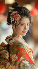 Fototapeta premium Portrait of a beautiful Japanese woman in traditional kimono