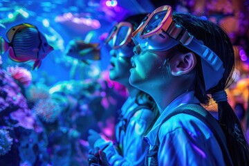 Fototapeta premium 10. Children dressed as marine biologists exploring a simulated underwater world, with colorful marine life props and diving gear, under professional lighting that brings out the vivid hues and