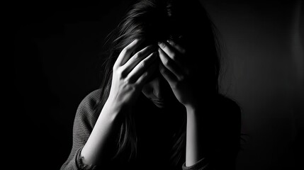 Black and white image of a distressed woman covering her face with her hands, evoking emotions of sadness or fear