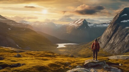 Fototapeta premium A hiker stands on a rocky outcrop gazing at a dramatic sunrise over a rugged mountain landscape with alpine lakes