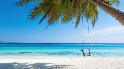 A serene beach scene with a swing hanging from a palm tree, overlooking the turquoise sea