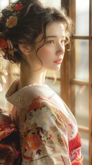 Portrait of a beautiful Japanese woman in traditional kimono