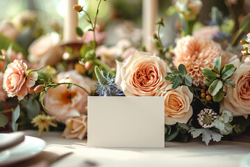 a 3.5 inches by 2 inches (landscape orientation) rectangular place card on a table at a minimal delicate floral wedding, the lighting is soft/natural --ar 3:2 --stylize 625
