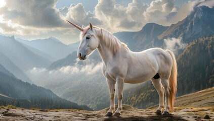 photograph of A unicorn with pink mane standing on the ground in front of mountains, high definition photography