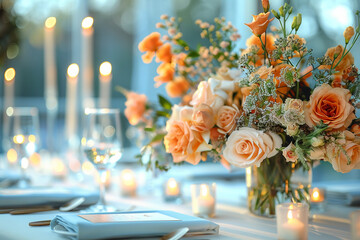 a 3.5 inches by 2 inches (landscape orientation) rectangular place card on a table at a minimal delicate floral wedding, the lighting is soft/natural --ar 3:2 --stylize 625
