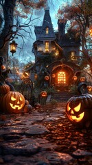 Spooky Halloween Pumpkin House at Night
