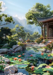 Obraz premium Classical Chinese Garden with Pavilion, Tower, and Water