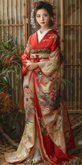 A woman wearing a red and gold kimono with floral patterns