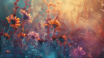 Enchanted wildflower meadow at sunset